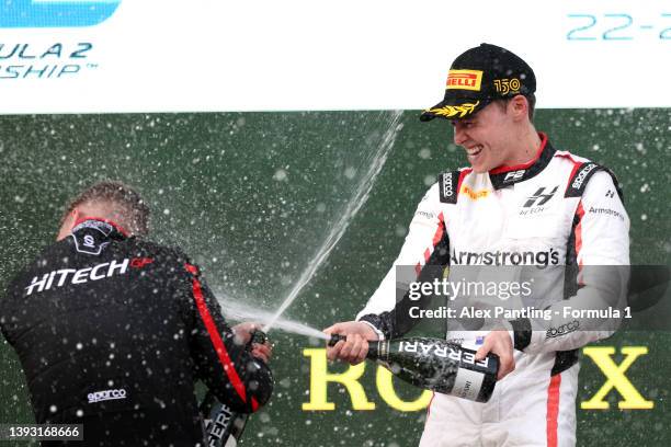 Race winner Marcus Armstrong of New Zealand and Hitech Grand Prix celebrates on the podium during the Round 3:Imola Sprint race of the Formula 2...