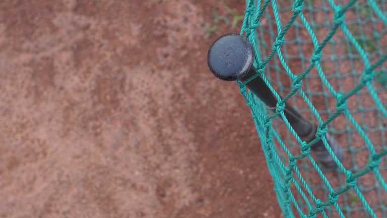 Bat Net A bat with a protective net in a baseball field. Over look. The subject ...