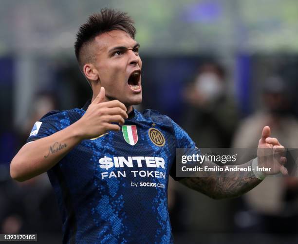 Lautaro Martinez of FC Internazionale celebrates after scoring their team's third goal during the Serie A match between FC Internazionale and AS Roma...