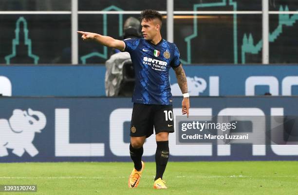 Lautaro Martinez of FC Internazionale celebrates after scoring their side's third goal during the Serie A match between FC Internazionale and AS Roma...