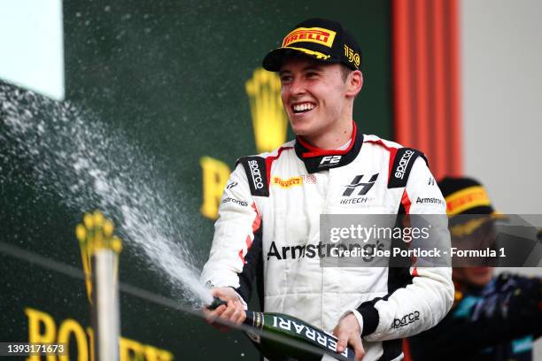 Race winner Marcus Armstrong of New Zealand and Hitech Grand Prix celebrates on the podium during the Round 3:Imola Sprint race of the Formula 2...