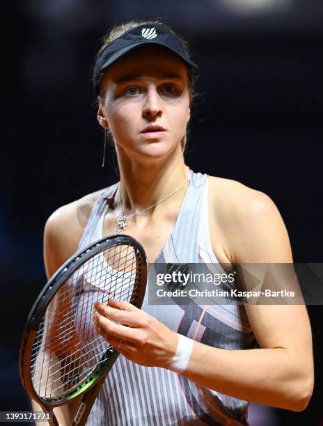 Liudmila Samsonova reacts in their semi-final match against Iga Swiatek of Poland during day six of the Porsche Tennis Grand Prix Stuttgart 2022 at...