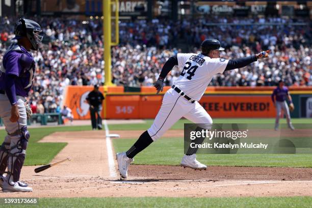 Miguel Cabrera of the Detroit Tigers hits a single, the 3000th hit of his career, during the first inning in Game One of a doubleheader against the...