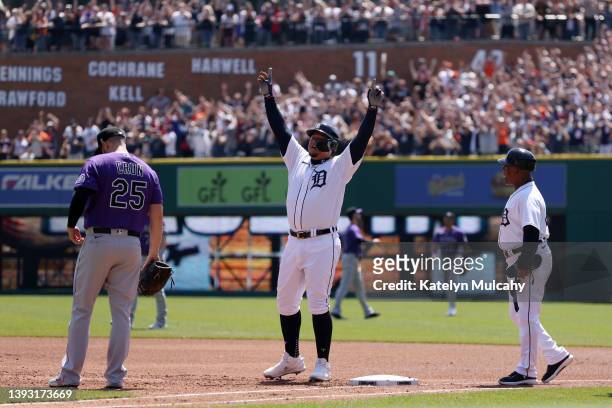 Miguel Cabrera of the Detroit Tigers celebrates after hitting a single, the 3000th hit of his career, during the first inning in Game One of a...
