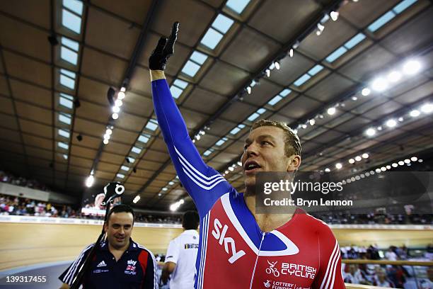 Sir Chris Hoy of Great Britain celebrates winning the Men's Sprint Finals during the UCI Track Cycling World Cup - LOCOG Test Event for London 2012...