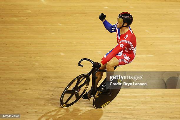 Sir Chris Hoy of Great Britain celebrates winning the Men's Sprint Finals during the UCI Track Cycling World Cup - LOCOG Test Event for London 2012...