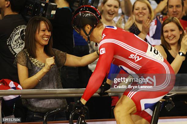 Sir Chris Hoy of Great Britain celebrates with his wife Carol after winning the Men's Sprint Finals during the UCI Track Cycling World Cup - LOCOG...