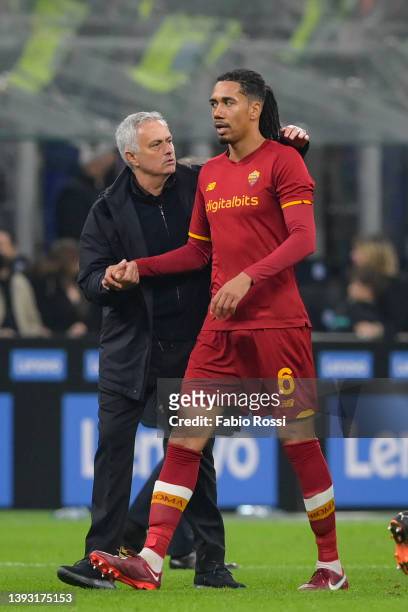 Roma coach Josè Mourinho and Chris Smalling after the Serie A match between FC Internazionale and AS Roma at Stadio Giuseppe Meazza on April 23, 2022...