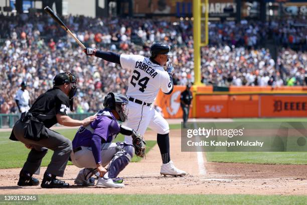 Miguel Cabrera of the Detroit Tigers hits a single, the 3000th hit of his career, during the first inning in Game One of a doubleheader against the...