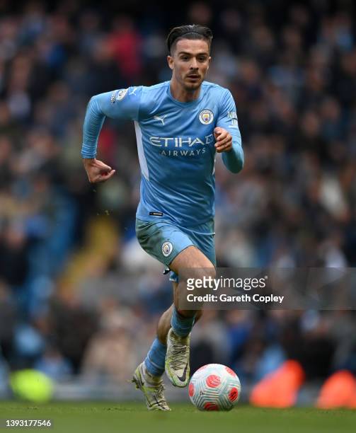 Jack Grealish of Manchester City during the Premier League match between Manchester City and Watford at Etihad Stadium on April 23, 2022 in...