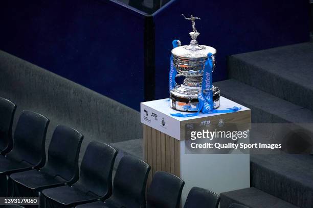 Conde de Godo trophy is under the rain during day six of the Barcelona Open Banc Sabadell at Real Club De Tenis Barcelona on April 23, 2022 in...
