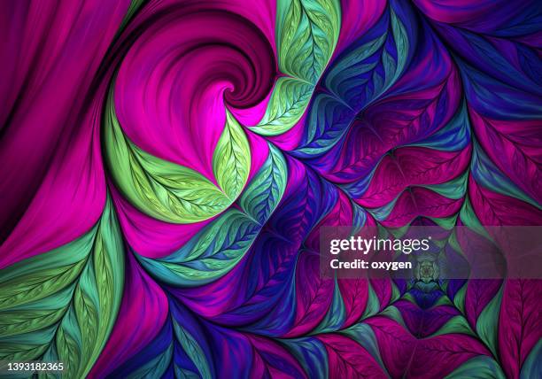 abstract leaves. glowing feather swirl green pink blue digital fractal art backgrounds - bent leaf stock pictures, royalty-free photos & images