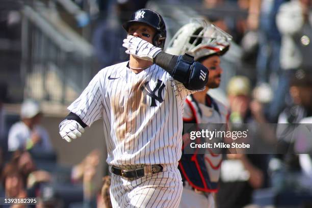 Josh Donaldson of the New York Yankees celebrates after hitting a home run in the seventh inning against the Cleveland Guardians at Yankee Stadium on...