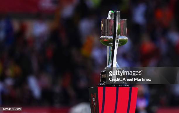 The Copa del Rey trophy is seen prior to the Copa del Rey final match between Real Betis and Valencia CF at Estadio La Cartuja on April 23, 2022 in...