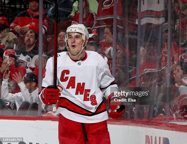 Brady Skjei of the Carolina Hurricanes celebrates his goal during the third period against the New Jersey Devils at Prudential Center on April 23,...