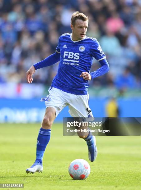 Jamie Vardy of Leicester in action during the Premier League match between Leicester City and Aston Villa at The King Power Stadium on April 23, 2022...