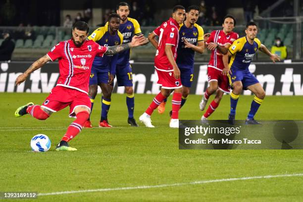 Francesco Caputo of UC Sampdoria scores his first goal on penalty during the Serie A match between Hellas Verona and UC Sampdoria at Stadio...