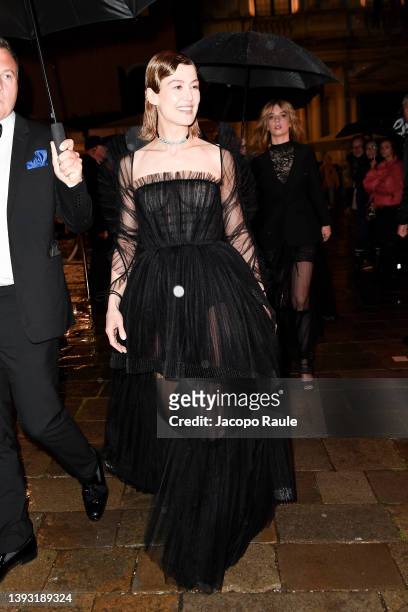 Rosamund Pike is seen arriving at Dior event in Venice during the 59th International Art Exhibition on April 23, 2022 in Venice, Italy.