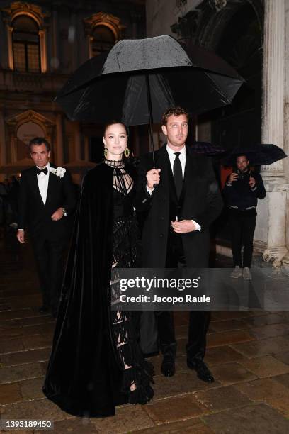 Pierre Casiraghi and Beatrice Borromeo are seen arriving at Dior event in Venice during the 59th International Art Exhibition on April 23, 2022 in...