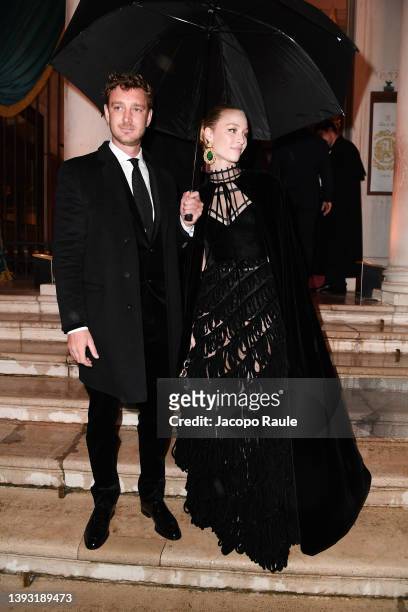 Pierre Casiraghi and Beatrice Borromeo are seen arriving at Dior event in Venice during the 59th International Art Exhibition on April 23, 2022 in...