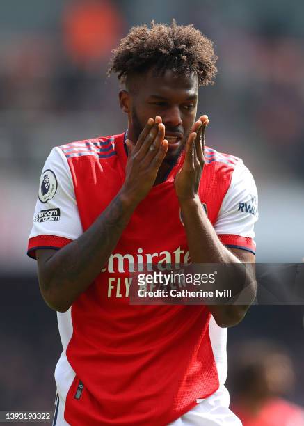 Nuno Tavares of Arsenal reacts during the Premier League match between Arsenal and Manchester United at Emirates Stadium on April 23, 2022 in London,...