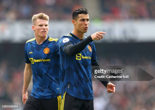 Cristiano Ronaldo of Manchester United reacts during the Premier League match between Arsenal and Manchester United at Emirates Stadium on April 23,...