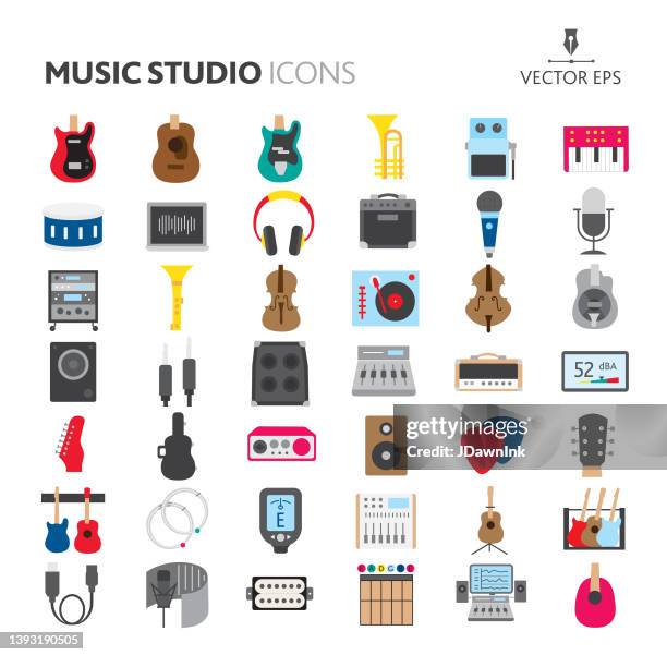 stockillustraties, clipart, cartoons en iconen met music studio instruments and gear big icon set on white background - guitar pedal