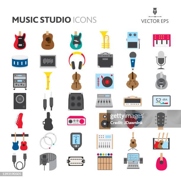 music studio instruments and gear big icon set on white background - bass guitar stock illustrations