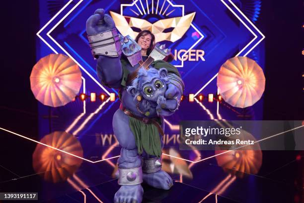 Nora Tschirner poses after being revealed to be "Der Ork" during the finals of the 6th season of "The Masked Singer" at MMC Studios on April 23, 2022...