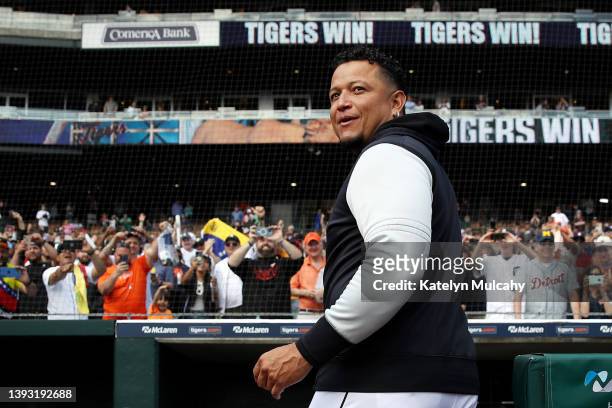 Miguel Cabrera of the Detroit Tigers looks on after a 13-0 win during Game One of a doubleheader against the Colorado Rockies at Comerica Park on...