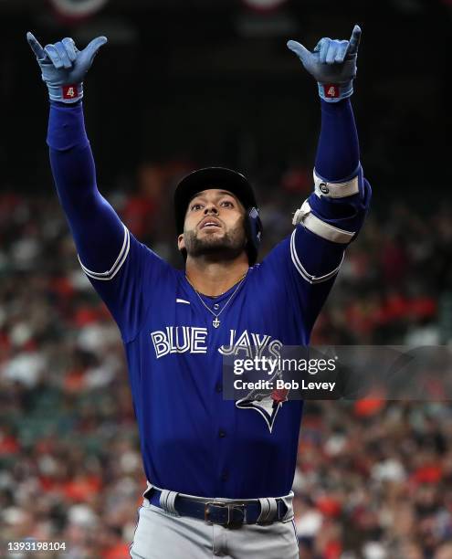 George Springer of the Toronto Blue Jays hits a home run in the first inning against the Houston Astros at Minute Maid Park on April 23, 2022 in...