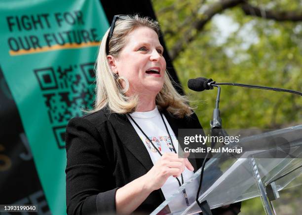 Liz Shuler, AFL-CIO, speaks at the Fight for Our Future: Rally for Climate, Care, Jobs & Justice in Lafayette Square near The White House on April...