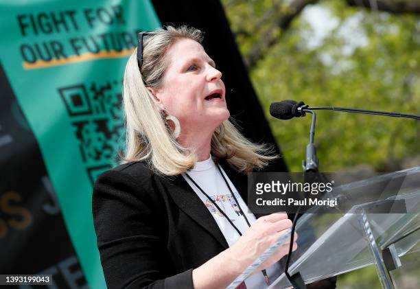 Liz Shuler, AFL-CIO, speaks at the Fight for Our Future: Rally for Climate, Care, Jobs & Justice in Lafayette Square near The White House on April...