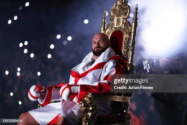 Tyson Fury makes their way into the ring prior to the WBC World Heavyweight Title Fight between Tyson Fury and Dillian Whyte at Wembley Stadium on...