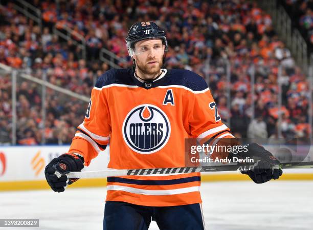 April 22: Leon Draisaitl of the Edmonton Oilers awaits a face-off during the game against the Colorado Avalanche on April 22, 2022 at Rogers Place in...