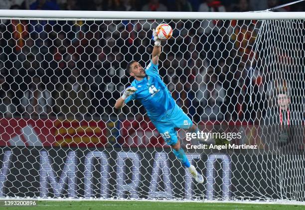 Claudio Bravo of Real Betis makes a save during the Copa del Rey final match between Real Betis and Valencia CF at Estadio La Cartuja on April 23,...