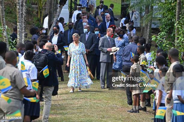 Sophie, Countess of Wessex and Prince Edward, Earl of Wessex walk through The Botanical Gardens on April 23, 2022 in Kingstown, Saint Vincent and The...