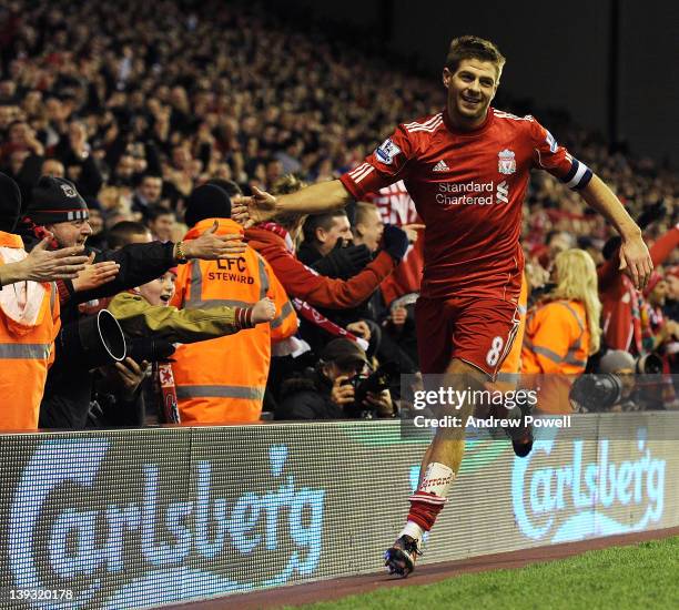 Steven Gerrard of Liverpool celebrates the fourth goal during the FA Cup Fifth round match between Liverpool and Brighton and Hove Albion at Anfield...