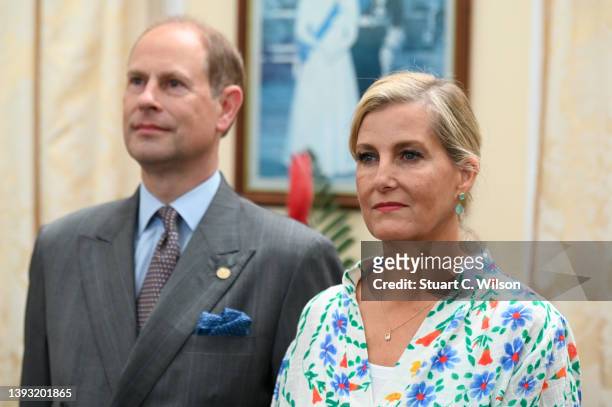 Prince Edward, Earl of Wessex and Sophie, Countess of Wessex at Government House on April 23, 2022 in Kingstown, Saint Vincent and The Grenadines....