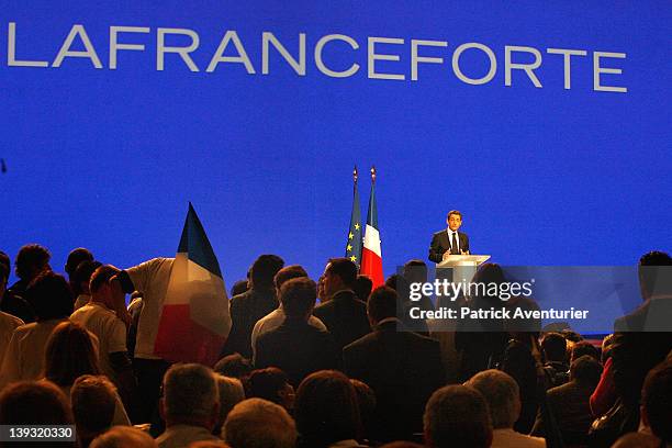 French President Nicolas Sarkozy speaks during the UMP presidential support meeting on February 19, 2012 in Marseille, France. Sarkozy, the UMP...