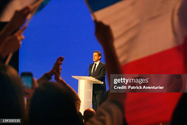 French President Nicolas Sarkozy speaks during the UMP presidential support meeting on February 19, 2012 in Marseille, France. Sarkozy, the UMP...