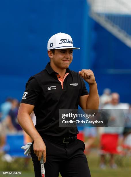 Garrick Higgo of South Africa reacts to his birdie putt on the 13th hole during the third round of the Zurich Classic of New Orleans at TPC Louisiana...