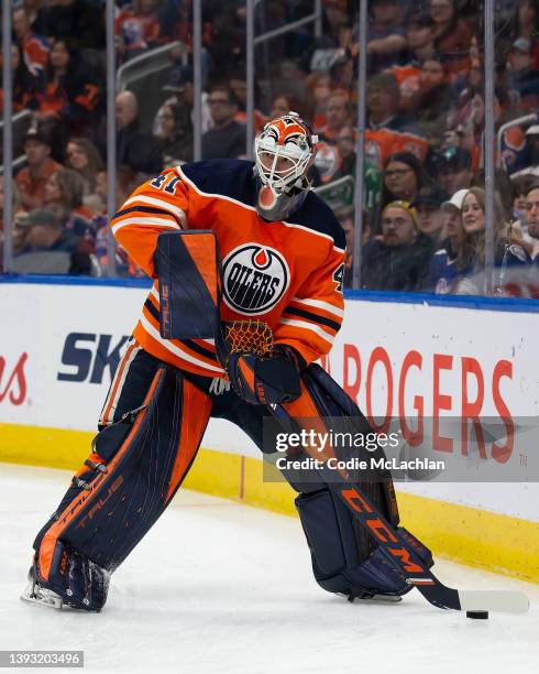 Goaltender Mike Smith of the Edmonton Oilers skates against the Colorado Avalanche during the first period at Rogers Place on April 22, 2022 in...