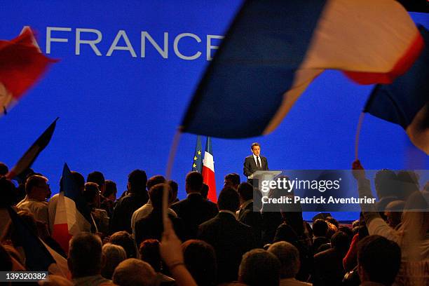 French President Nicolas Sarkozy speaks during the UMP presidential support meeting on February 19, 2012 in Marseille, France. Sarkozy, the UMP...