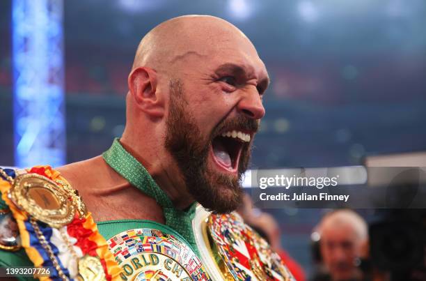 Tyson Fury celebrates victory after the WBC World Heavyweight Title Fight between Tyson Fury and Dillian Whyte at Wembley Stadium on April 23, 2022...