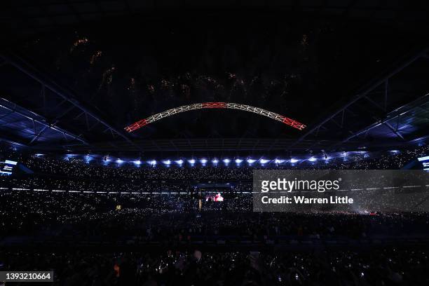 General view inside the staidum during the WBC World Heavyweight Title Fight between Tyson Fury and Dillian Whyte at Wembley Stadium on April 23,...