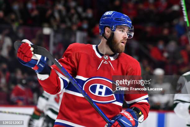 David Savard of the Montreal Canadiens stands on the ice during the game against the Minnesota Wild in the NHL game at the Bell Centre on April 19,...