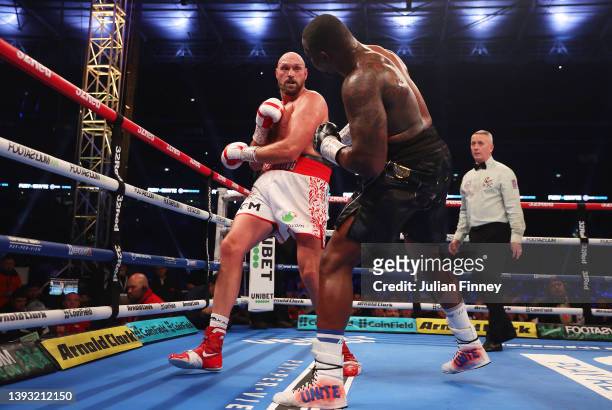 Tyson Fury punches Dillian Whyte during the WBC World Heavyweight Title Fight between Tyson Fury and Dillian Whyte at Wembley Stadium on April 23,...