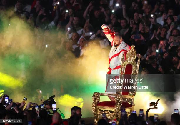 Tyson Fury makes their way to the ring on a thrown prior tog the WBC World Heavyweight Title Fight between Tyson Fury and Dillian Whyte at Wembley...