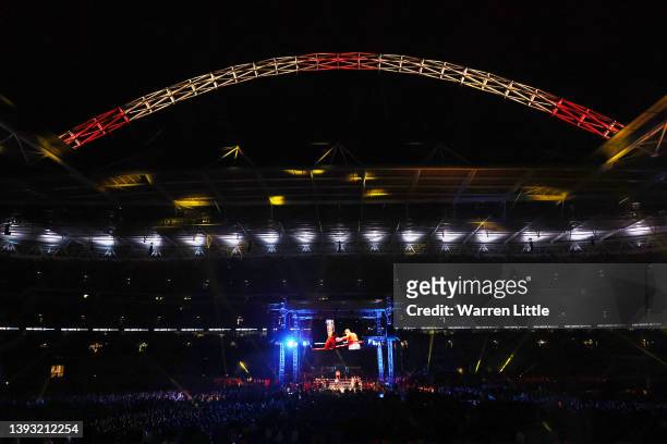 General view inside the staidum during the WBC World Heavyweight Title Fight between Tyson Fury and Dillian Whyte at Wembley Stadium on April 23,...